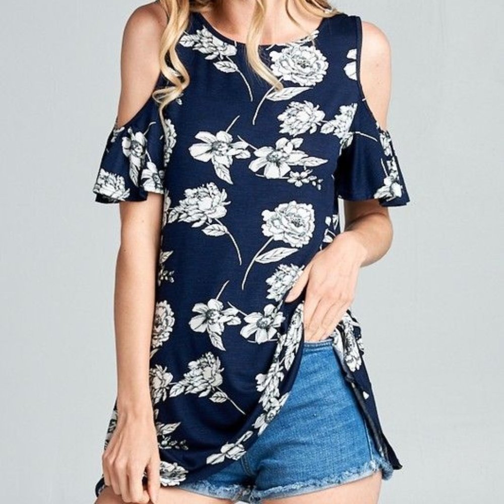 Floral Jersey Open Shoulder Flutter Sleeve Tunic Top